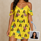 Woman wearing Women's Entwined Escapade Custom Face Off-Shoulder Dress — custom faces printed all-over
