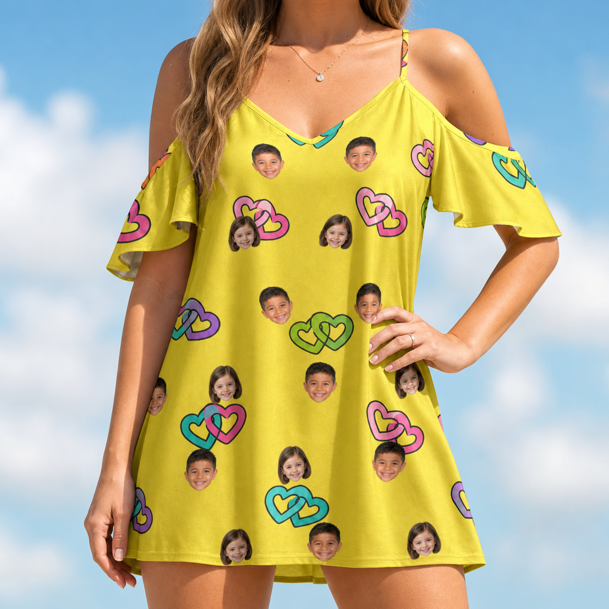 Model wearing Women's Entwined Escapade Custom Face Off-Shoulder Dress printed with kids' faces