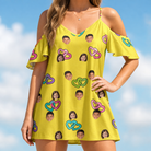 Model wearing Women's Entwined Escapade Custom Face Off-Shoulder Dress printed with kids' faces
