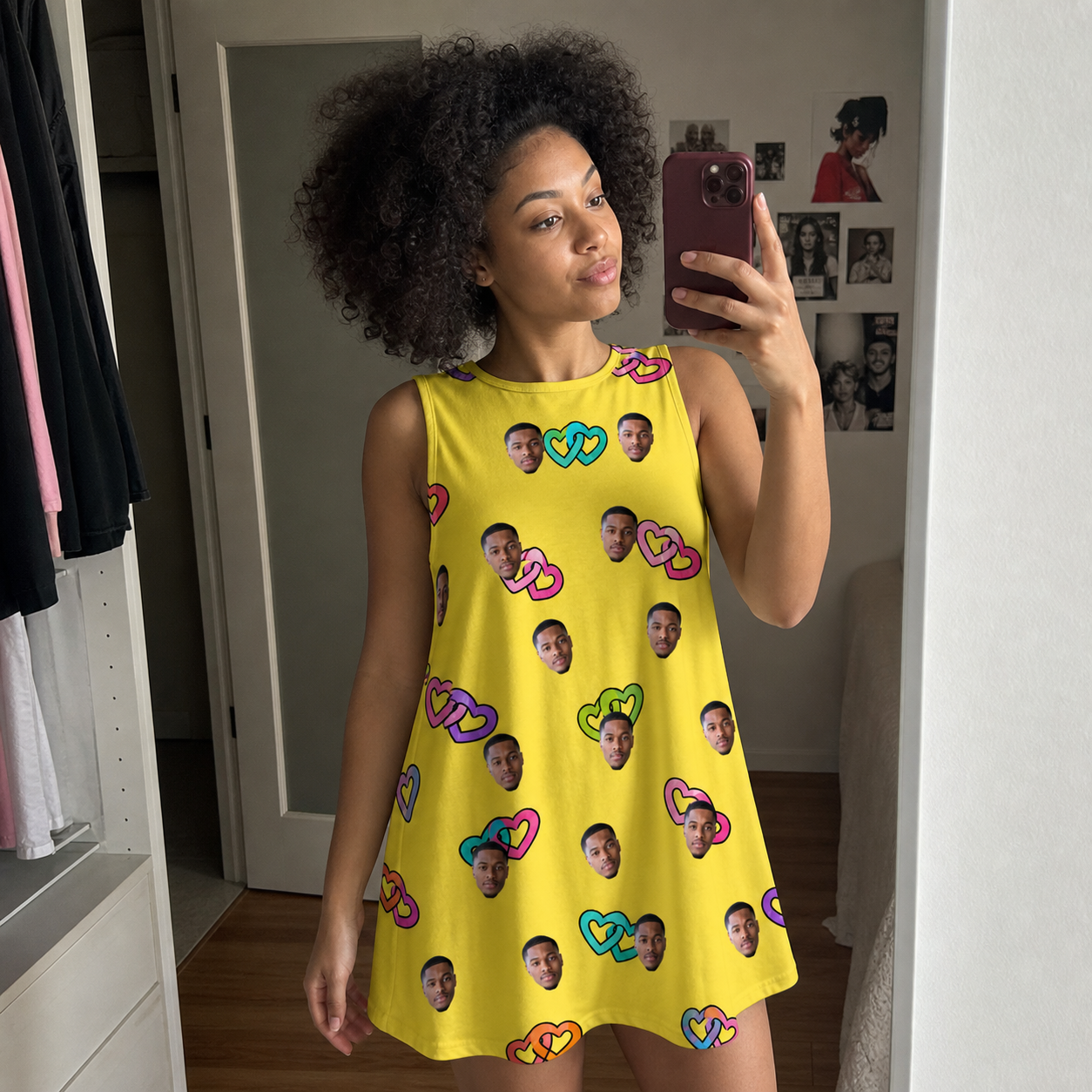 Real-life photo of someone wearing Women's Entwined Escapade Custom Face Tank Dress — custom faces printed all-over