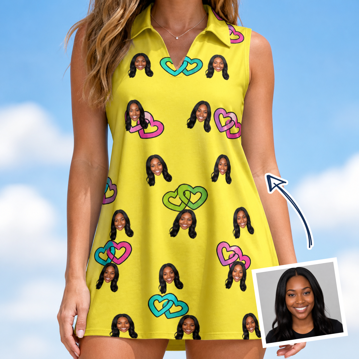 Woman wearing Women's Entwined Escapade Custom Face V-Neck Dress — custom faces printed all-over