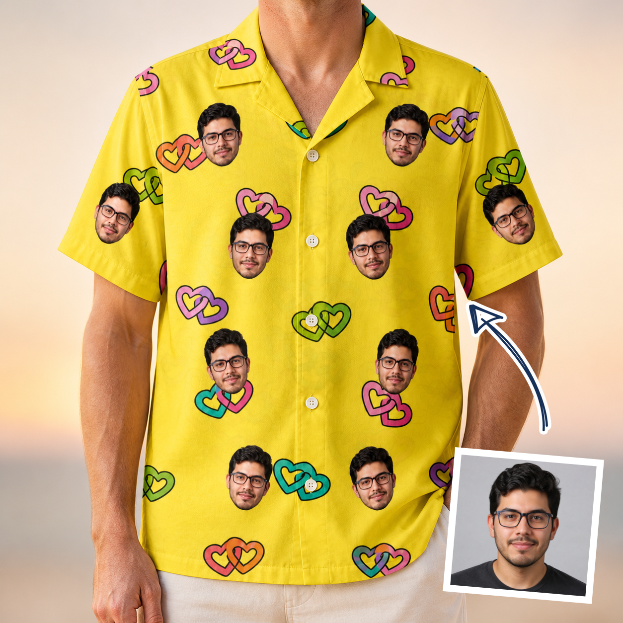 Man wearing Men's Entwined Escapade Custom Face Hawaiian Shirt — custom faces printed all-over