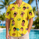 Model wearing Men's Entwined Escapade Custom Face Hawaiian Shirt printed with kids' faces