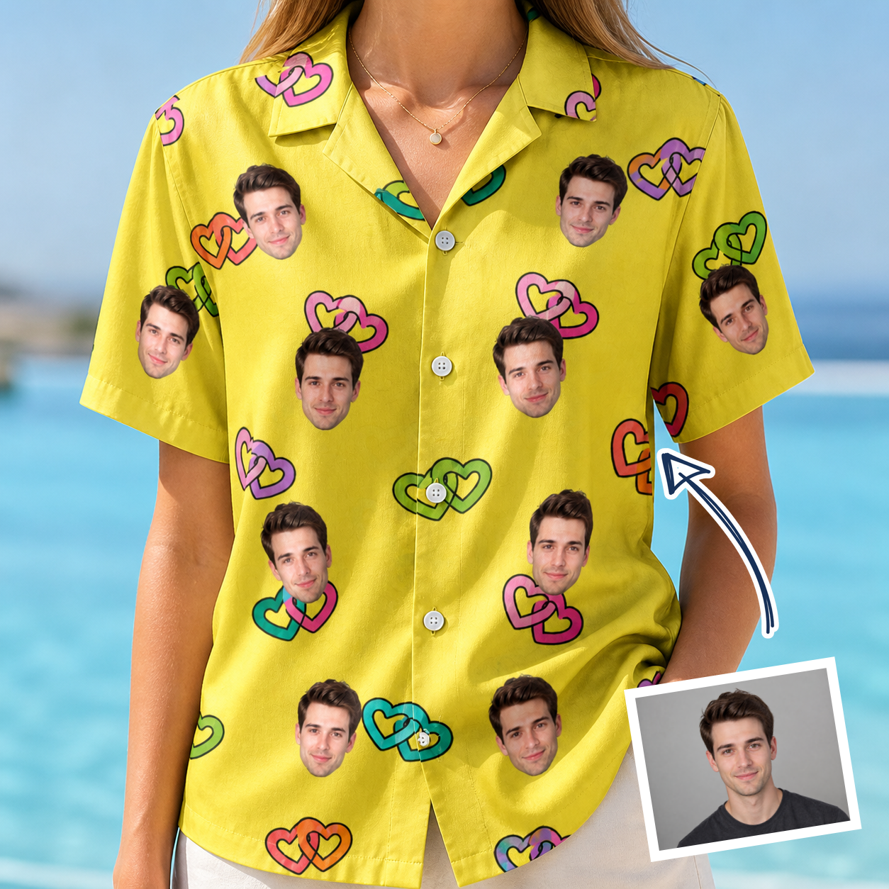 Woman wearing Women's Entwined Escapade Custom Face Hawaiian Shirt — custom faces printed all-over