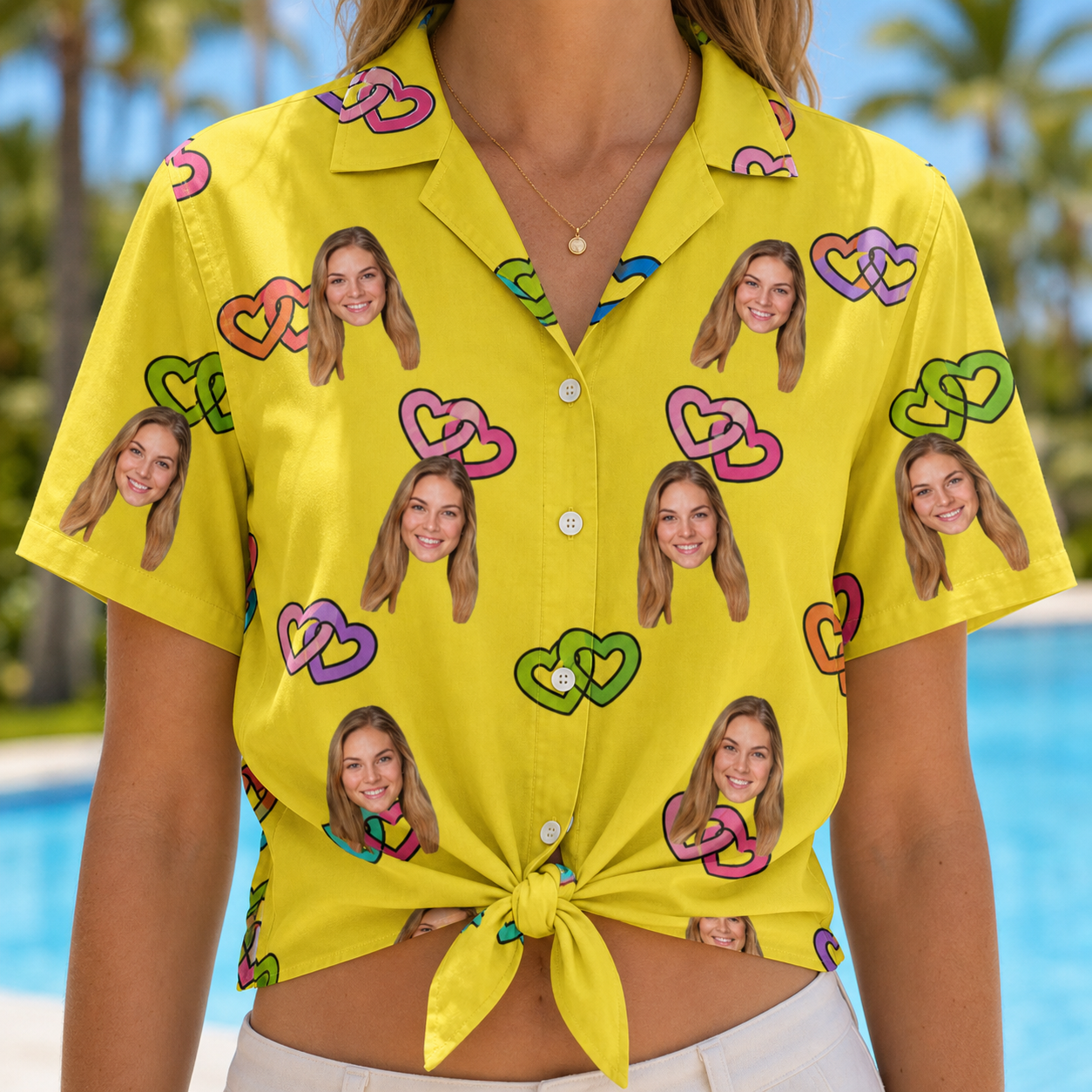 Woman wearing Women's Entwined Escapade Custom Face Hawaiian Shirt tied at the waist