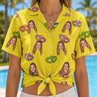 Woman wearing Women's Entwined Escapade Custom Face Hawaiian Shirt tied at the waist
