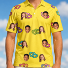 Model wearing Men's Entwined Escapade Custom Face Polo Shirt printed with kids' faces