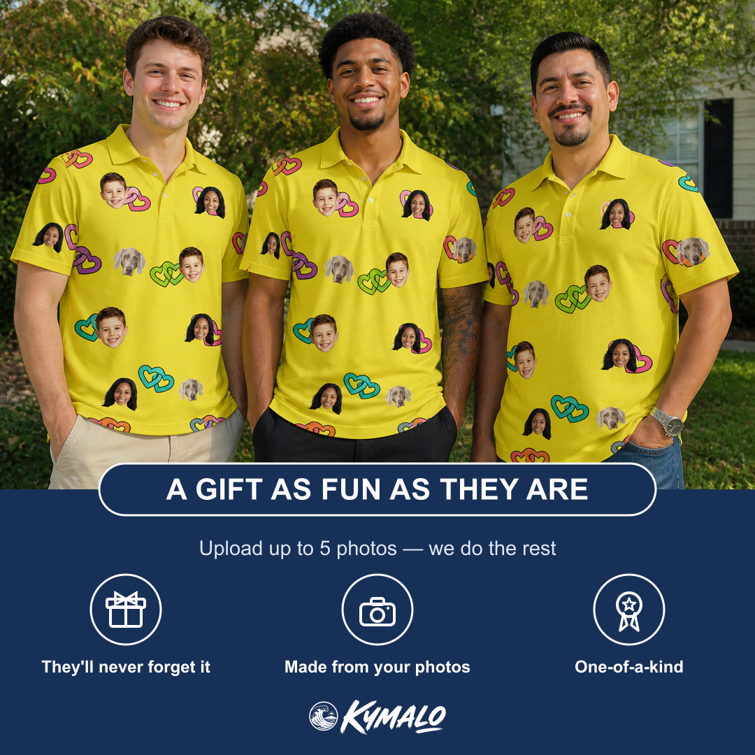 Friends in matching Men's Entwined Escapade Custom Face Polo Shirt — a group gift photo