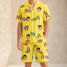 Model wearing Men's Entwined Escapade Custom Face Shirt & Shorts Set printed with kids' faces