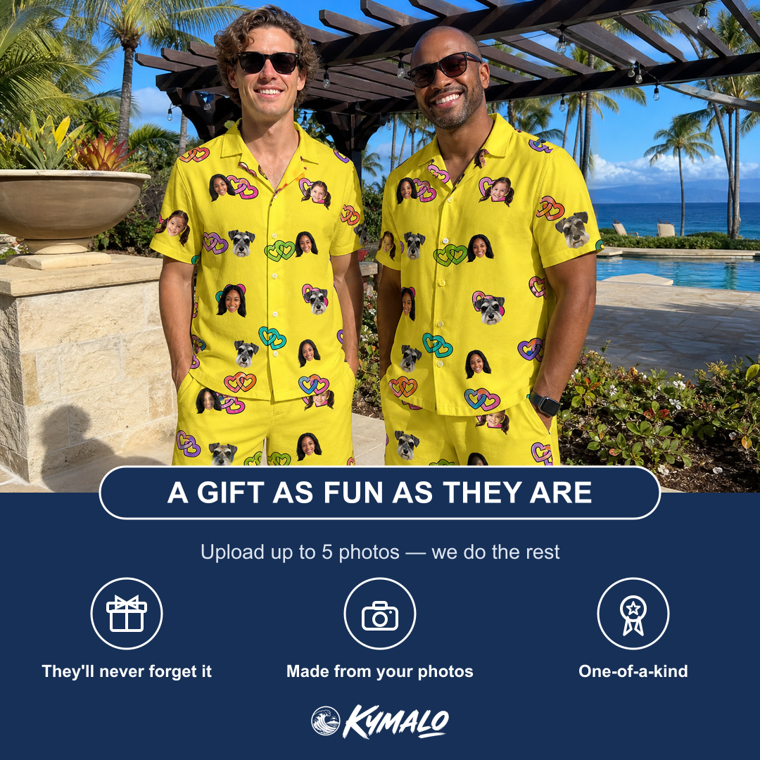 Friends in matching Men's Entwined Escapade Custom Face Shirt & Shorts Set — a group gift photo