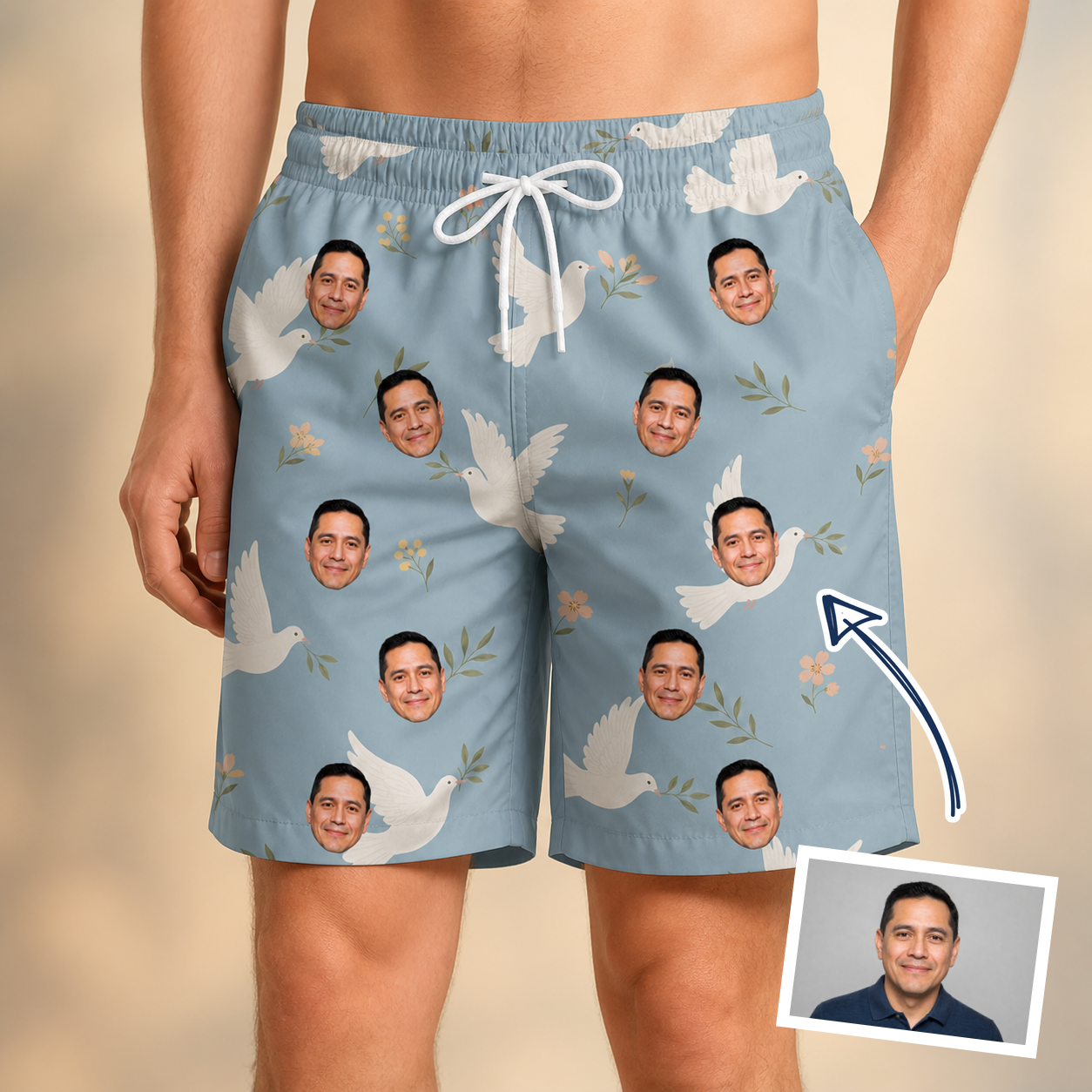 Man wearing Men's Ivory Coo Custom Face Beach Shorts — custom faces printed all-over
