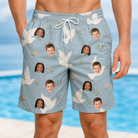 Model wearing Men's Ivory Coo Custom Face Beach Shorts printed with kids' faces