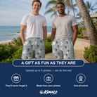 Friends in matching Men's Ivory Coo Custom Face Beach Shorts — a group gift photo