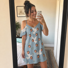 Real-life photo of someone wearing Women's Ivory Coo Custom Face Off-Shoulder Dress — custom faces printed all-over
