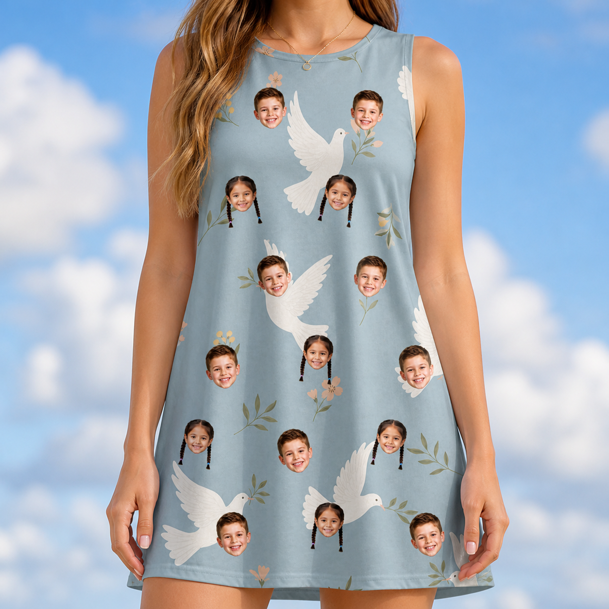 Model wearing Women's Ivory Coo Custom Face Tank Dress printed with kids' faces