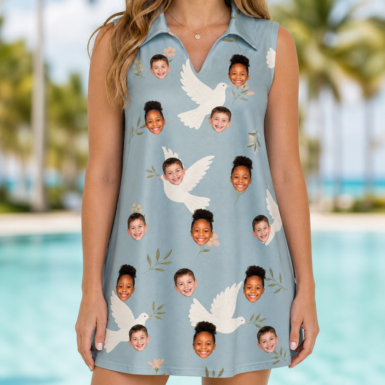 Model wearing Women's Ivory Coo Custom Face V-Neck Dress printed with kids' faces