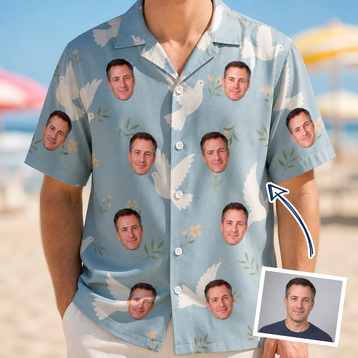Man wearing Men's Ivory Coo Custom Face Hawaiian Shirt — custom faces printed all-over