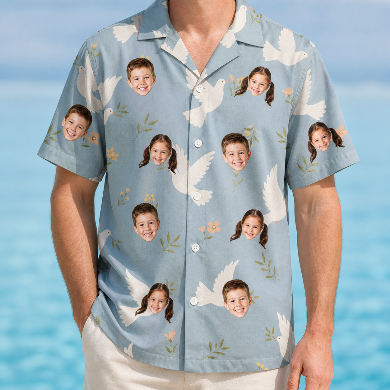 Model wearing Men's Ivory Coo Custom Face Hawaiian Shirt printed with kids' faces