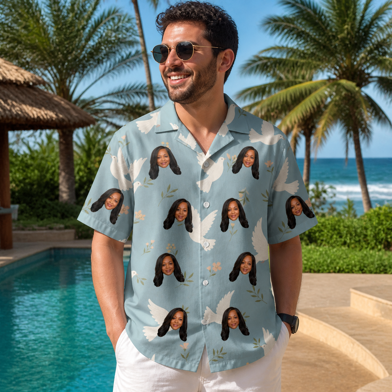 Real-life photo of someone wearing Men's Ivory Coo Custom Face Hawaiian Shirt — custom faces printed all-over