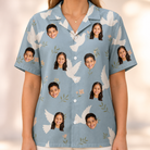 Model wearing Women's Ivory Coo Custom Face Hawaiian Shirt printed with kids' faces