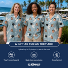 Friends in matching Women's Ivory Coo Custom Face Hawaiian Shirt — a group gift photo