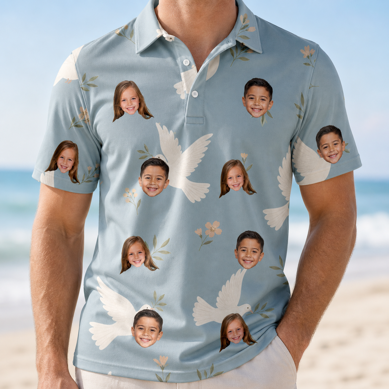 Model wearing Men's Ivory Coo Custom Face Polo Shirt printed with kids' faces