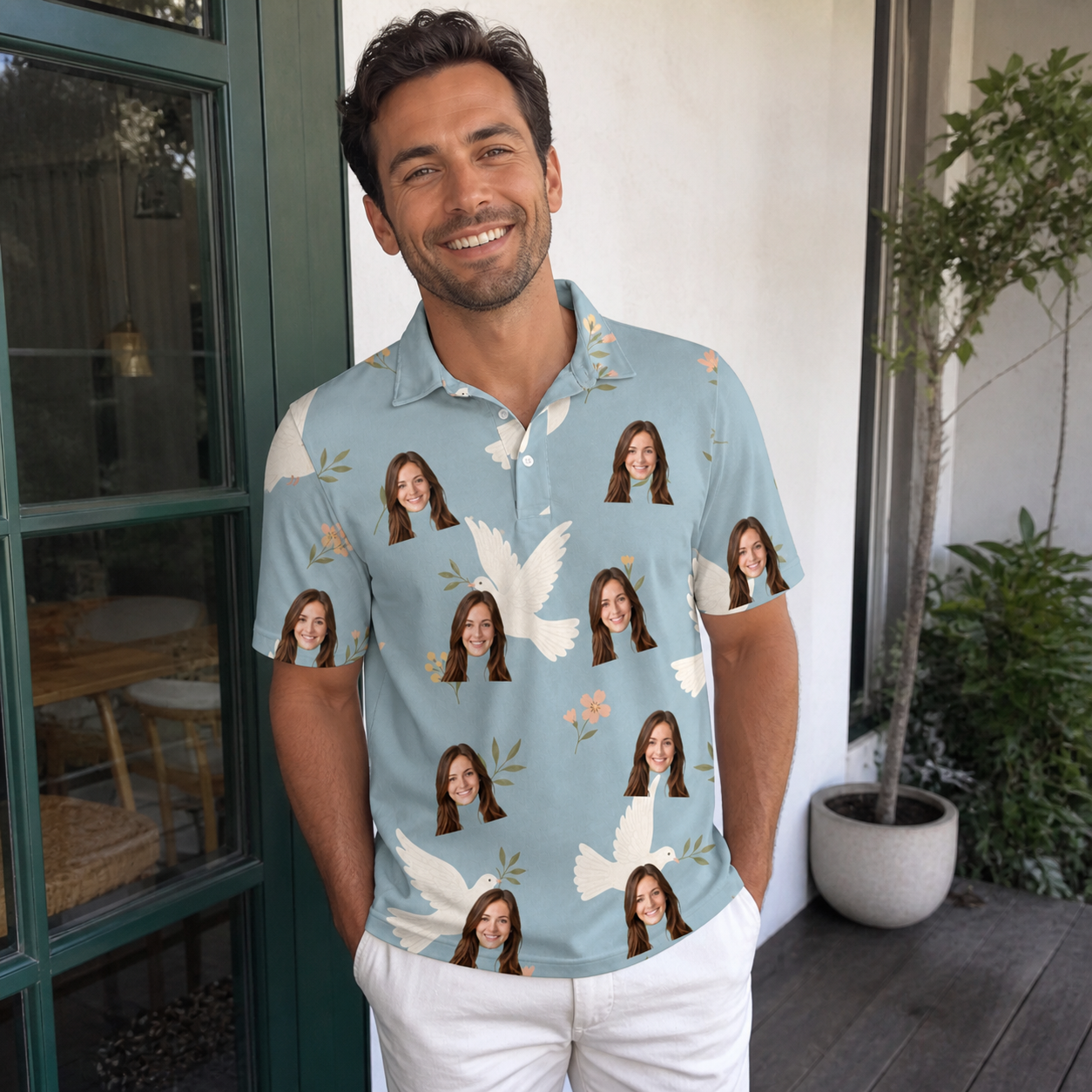 Real-life photo of someone wearing Men's Ivory Coo Custom Face Polo Shirt — custom faces printed all-over