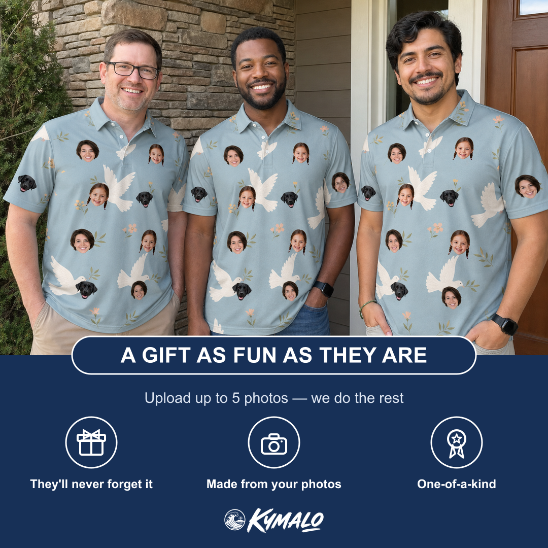 Friends in matching Men's Ivory Coo Custom Face Polo Shirt — a group gift photo