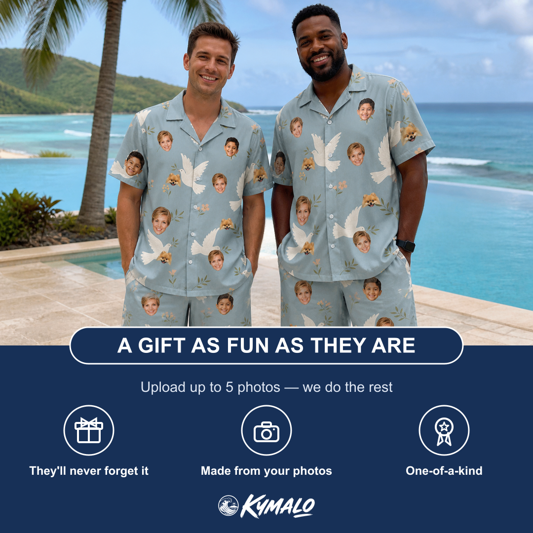 Friends in matching Men's Ivory Coo Custom Face Shirt & Shorts Set — a group gift photo