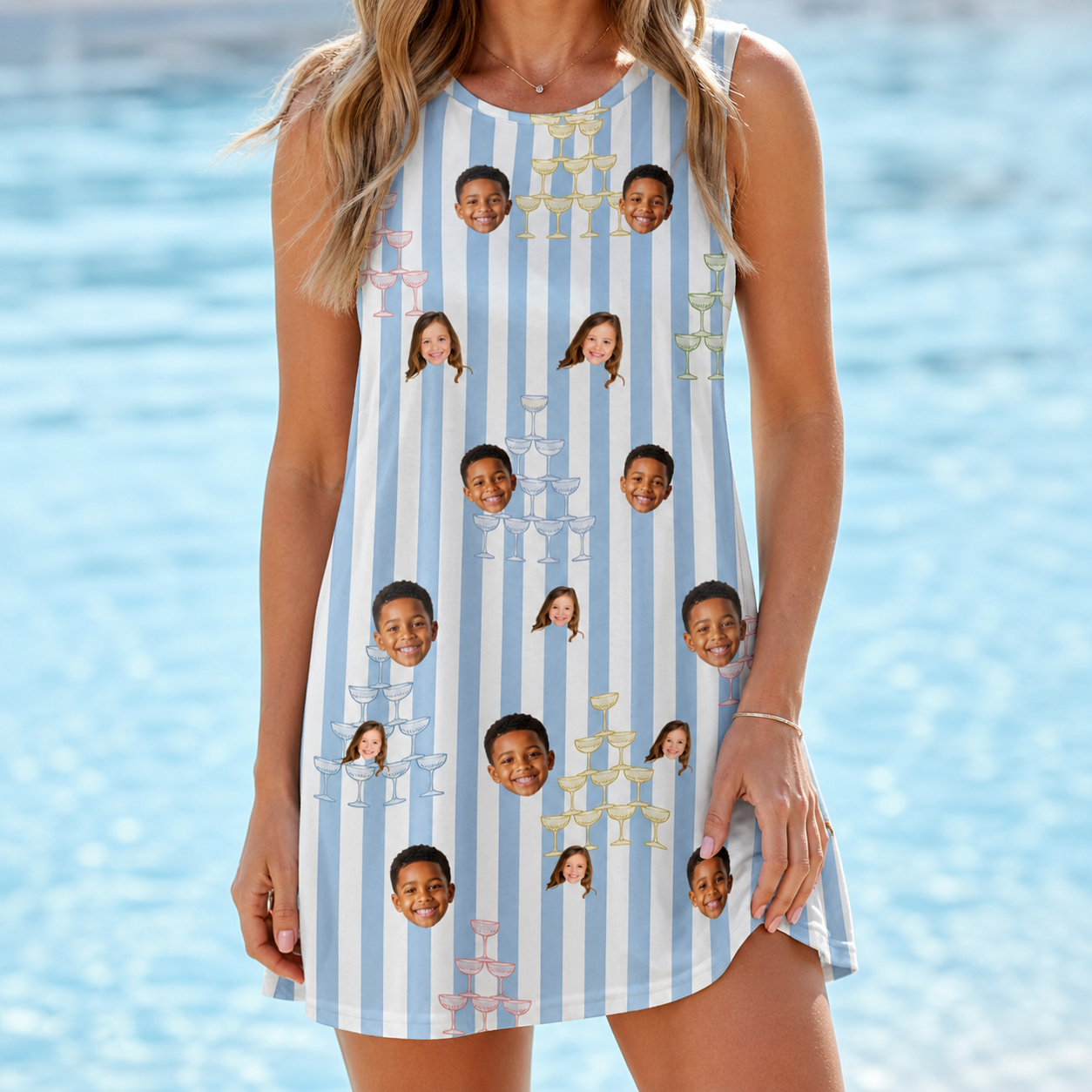 Model wearing Women's Fizz Towers Custom Face Tank Dress printed with kids' faces