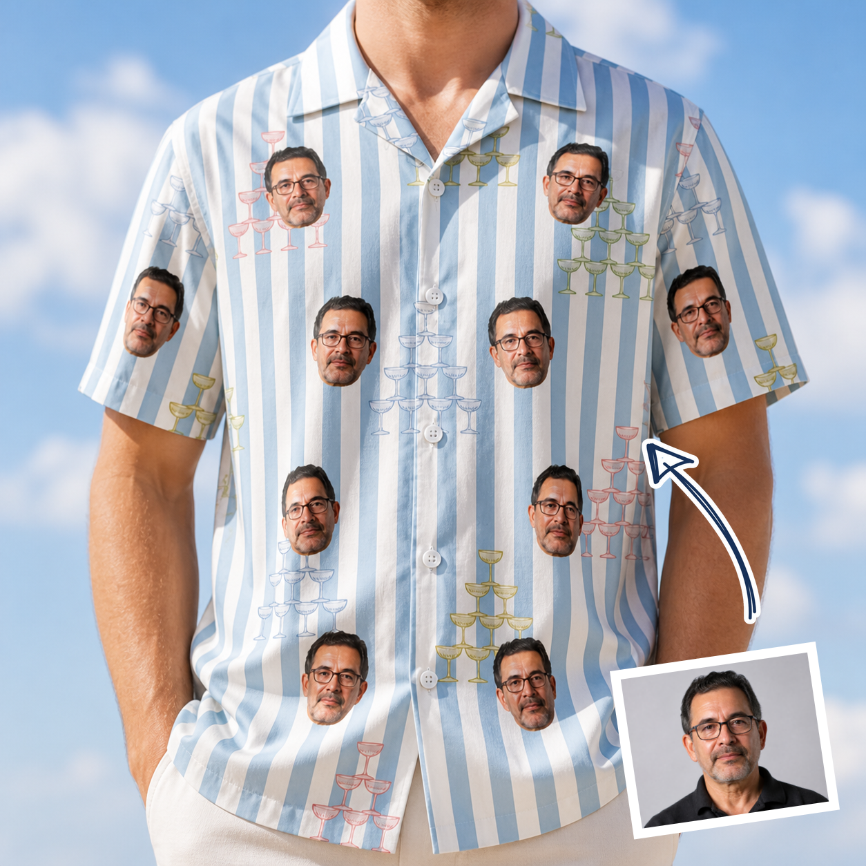 Man wearing Men's Fizz Towers Custom Face Hawaiian Shirt — custom faces printed all-over