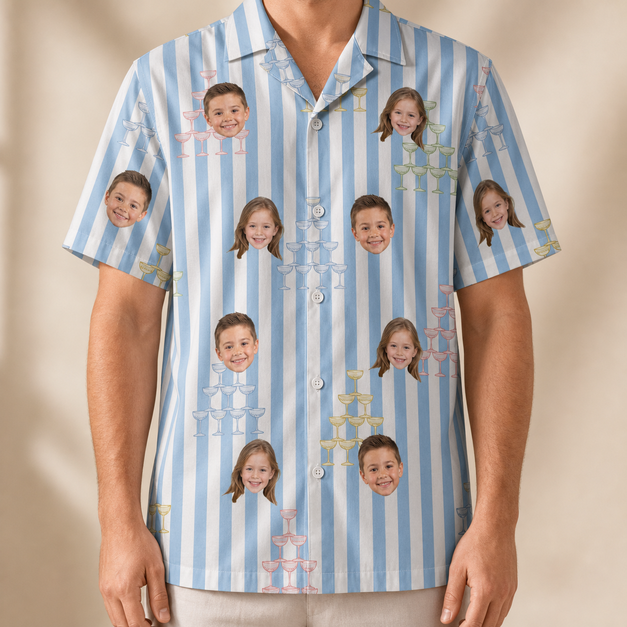 Model wearing Men's Fizz Towers Custom Face Hawaiian Shirt printed with kids' faces
