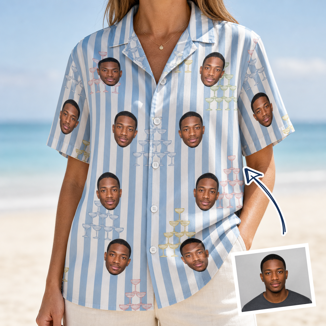 Woman wearing Women's Fizz Towers Custom Face Hawaiian Shirt — custom faces printed all-over