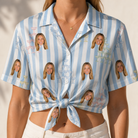 Woman wearing Women's Fizz Towers Custom Face Hawaiian Shirt tied at the waist
