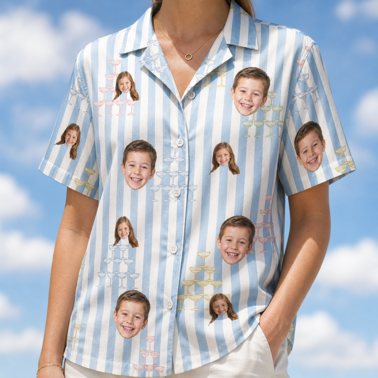 Model wearing Women's Fizz Towers Custom Face Hawaiian Shirt printed with kids' faces