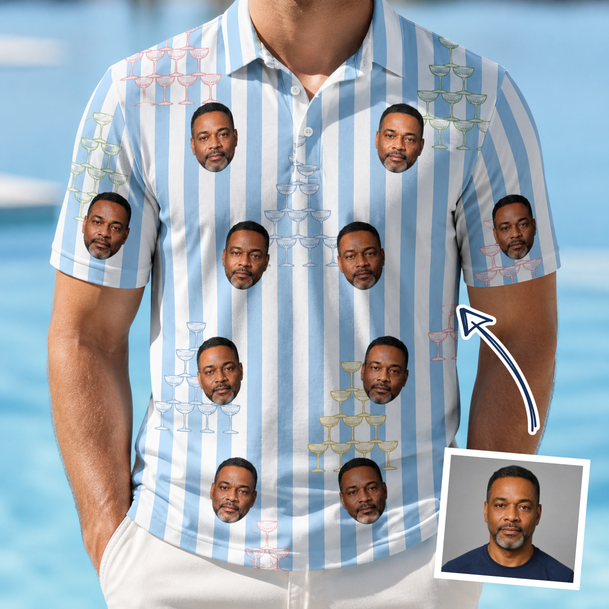 Man wearing Men's Fizz Towers Custom Face Polo Shirt — custom faces printed all-over