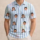 Model wearing Men's Fizz Towers Custom Face Polo Shirt printed with kids' faces