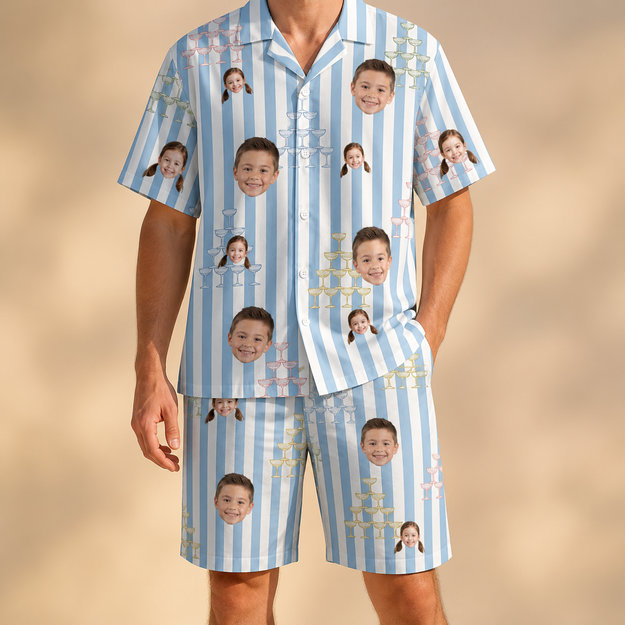 Model wearing Men's Fizz Towers Custom Face Shirt & Shorts Set printed with kids' faces