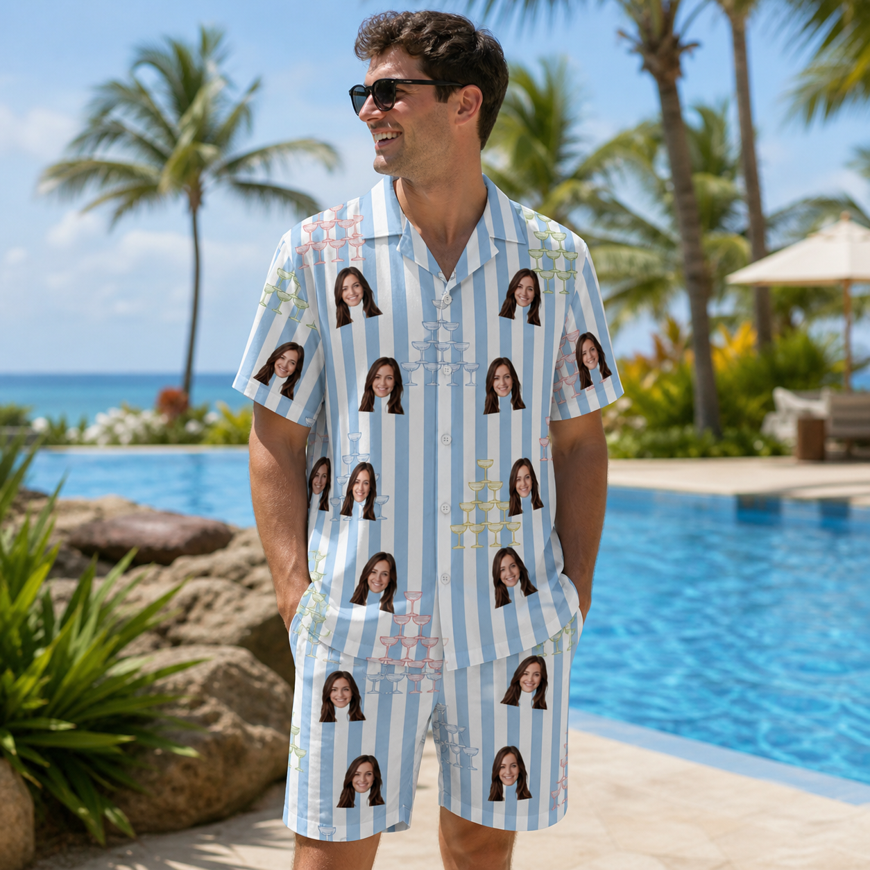 Real-life photo of someone wearing Men's Fizz Towers Custom Face Shirt & Shorts Set — custom faces printed all-over