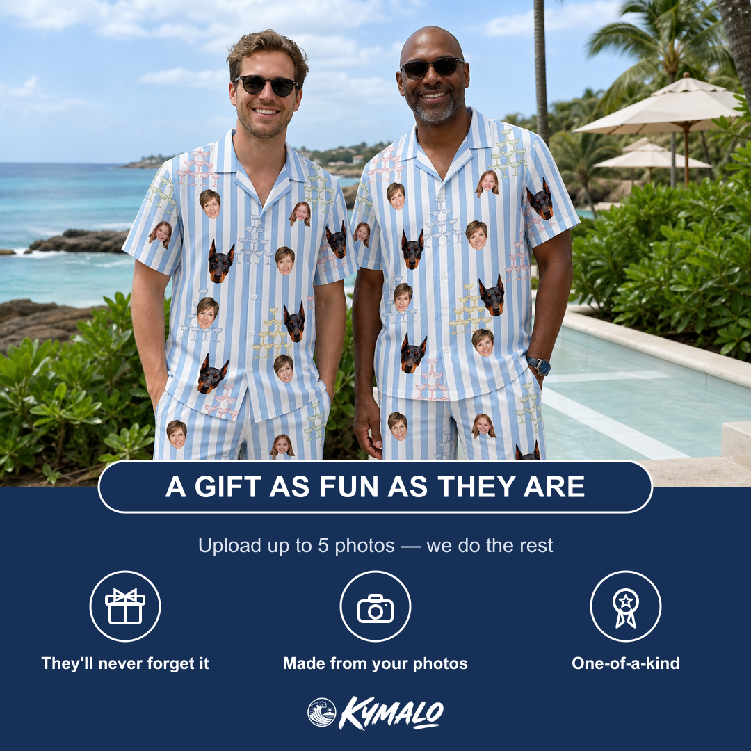 Friends in matching Men's Fizz Towers Custom Face Shirt & Shorts Set — a group gift photo
