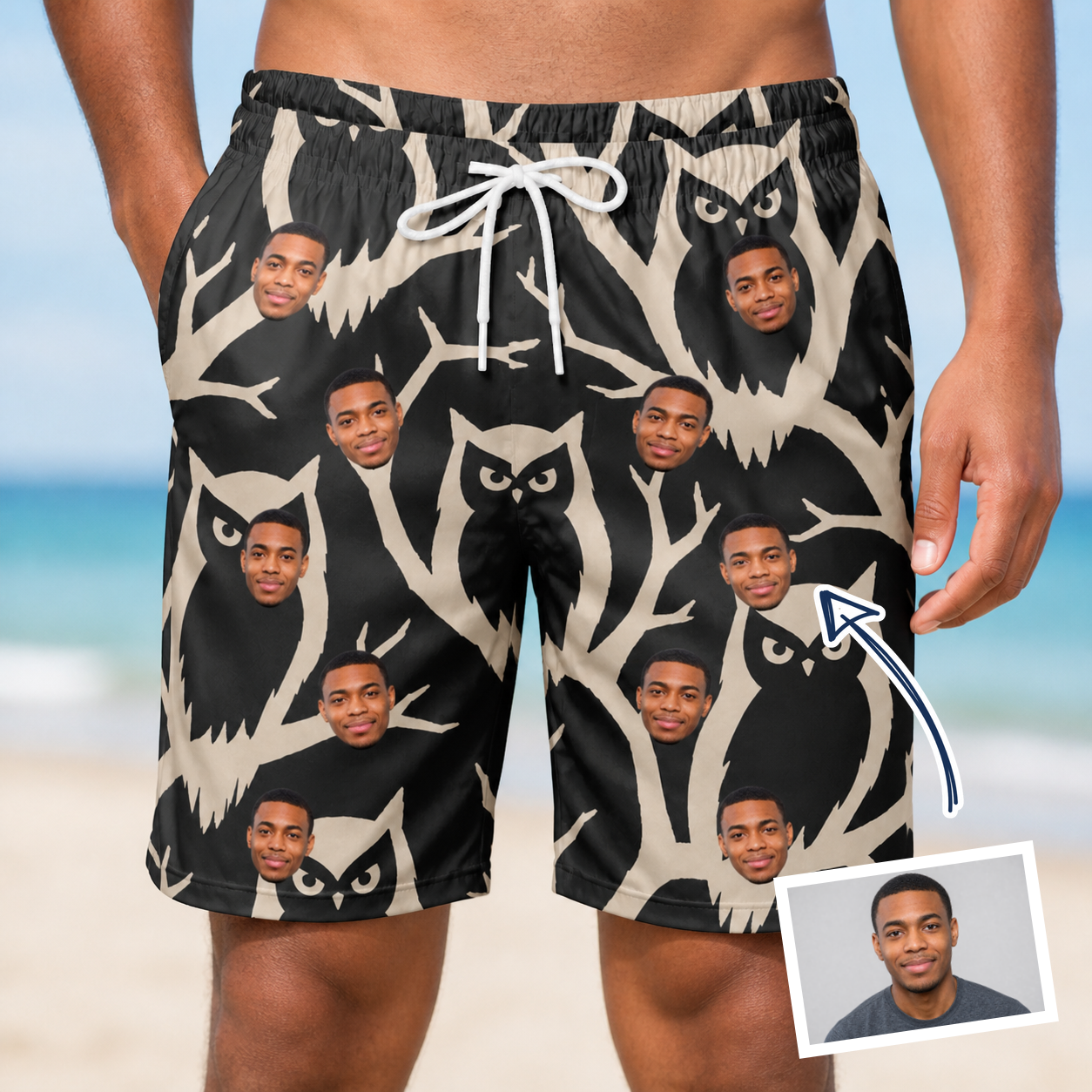Man wearing Men's Midnight Moonhoot Custom Face Beach Shorts — custom faces printed all-over