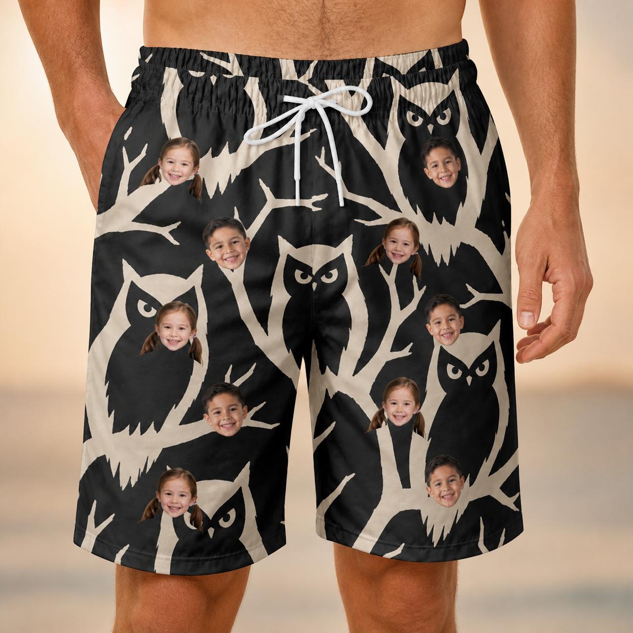 Model wearing Men's Midnight Moonhoot Custom Face Beach Shorts printed with kids' faces