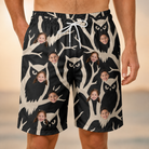 Model wearing Men's Midnight Moonhoot Custom Face Beach Shorts printed with kids' faces
