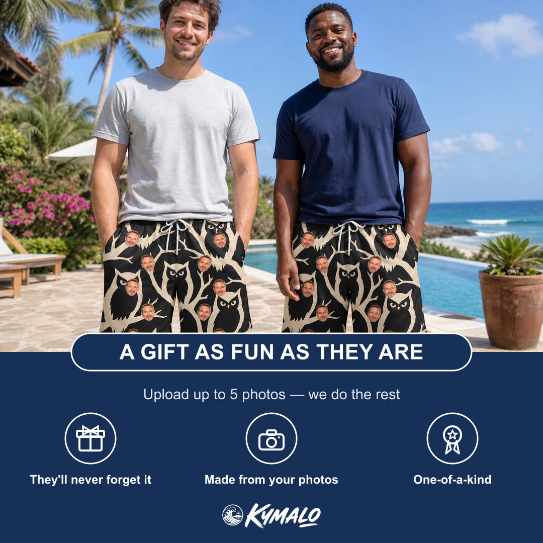 Friends in matching Men's Midnight Moonhoot Custom Face Beach Shorts — a group gift photo