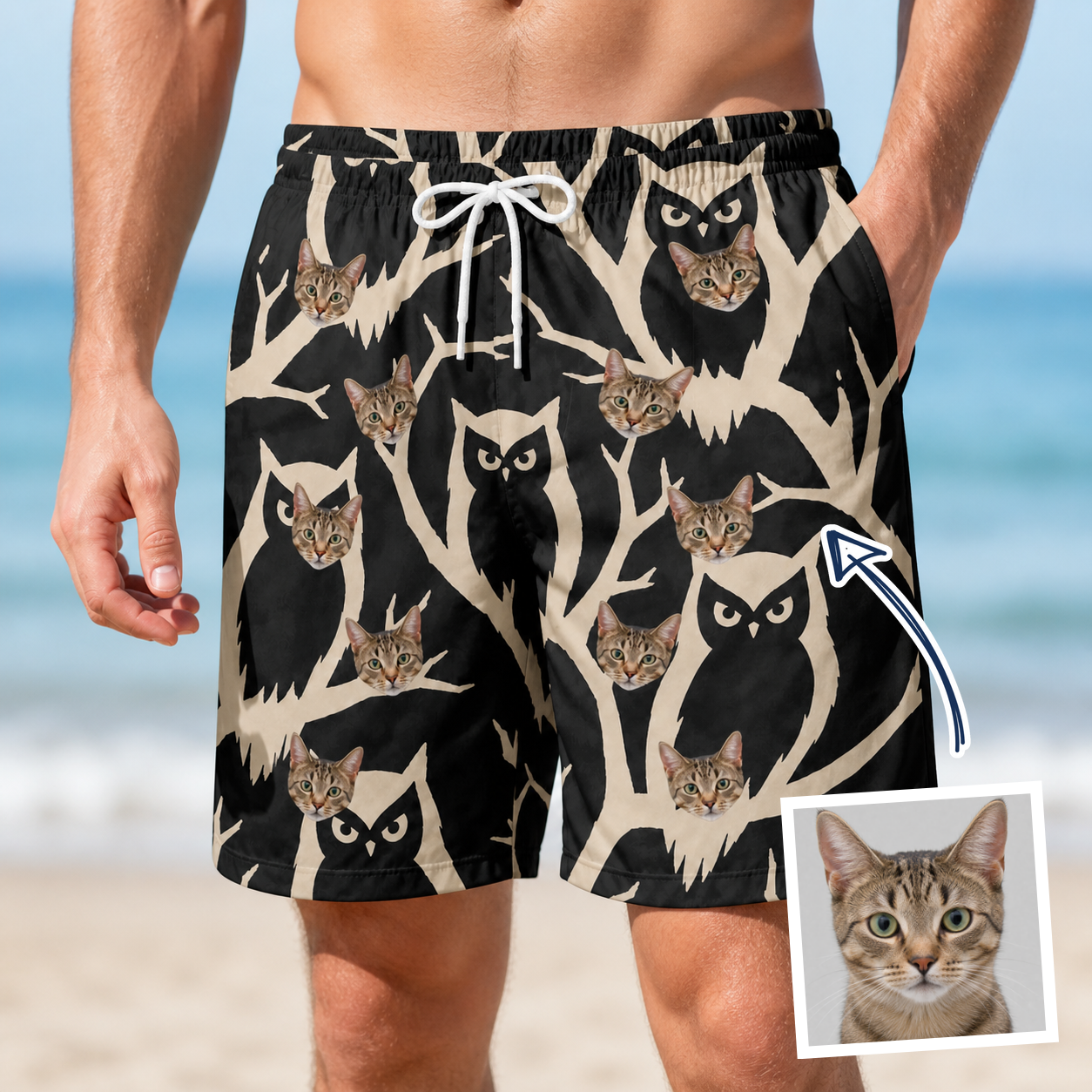 Man wearing Men's Midnight Moonhoot Custom Cat Face Beach Shorts — custom faces printed all-over