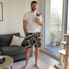 Full-length photo with the pet printed all over this Men's Midnight Moonhoot Custom Cat Face Beach Shorts