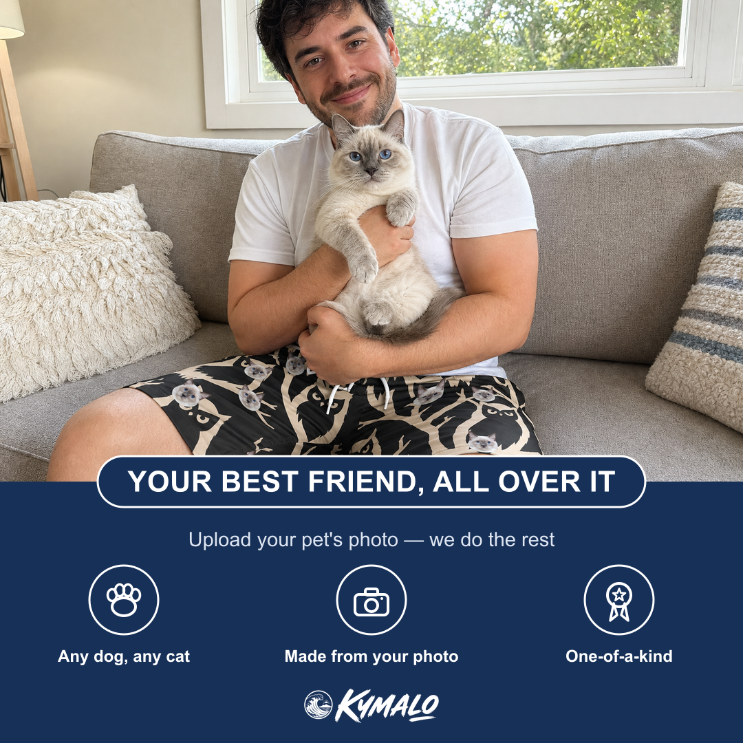 Friends in matching Men's Midnight Moonhoot Custom Cat Face Beach Shorts — a group gift photo
