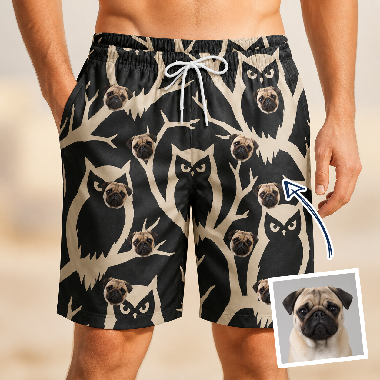 Man wearing Men's Midnight Moonhoot Custom Dog Face Beach Shorts — custom faces printed all-over