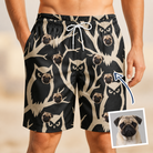 Man wearing Men's Midnight Moonhoot Custom Dog Face Beach Shorts — custom faces printed all-over