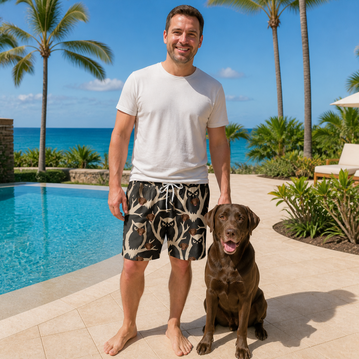 Full-length photo with the pet printed all over this Men's Midnight Moonhoot Custom Dog Face Beach Shorts